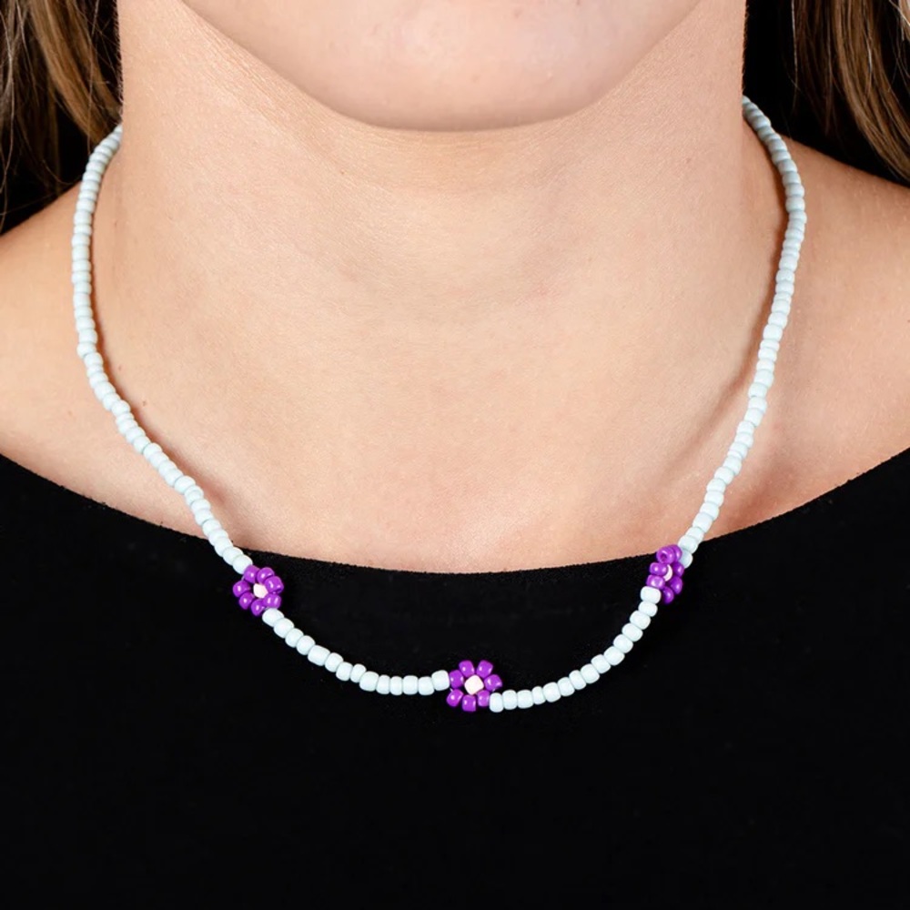 NEW Boutique Purple & Blue Seed Bead Flower Y2K Necklace & Earrings Jewelry Set